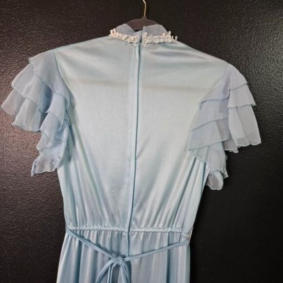 Vintage Prairie Cottagecore 70s Small Flutter Sleeve Pleated Powder Blue Maxi Dr - Picture 5 of 7
